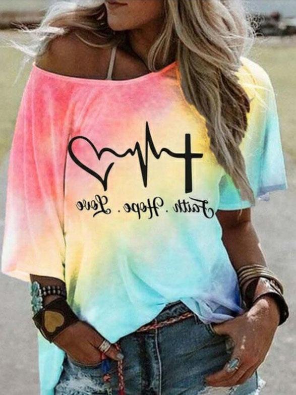 Fashion Gradient Color Letter Print Loose T-shirt - LuckyFash™