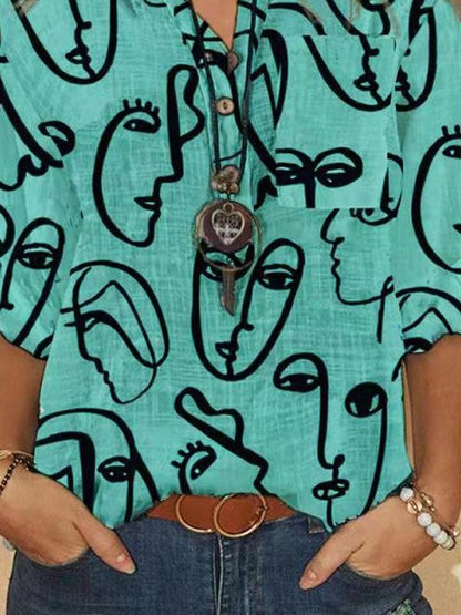 Fashion Graphic Printed Round Neck 3/4 Sleeve Blouses - LuckyFash™