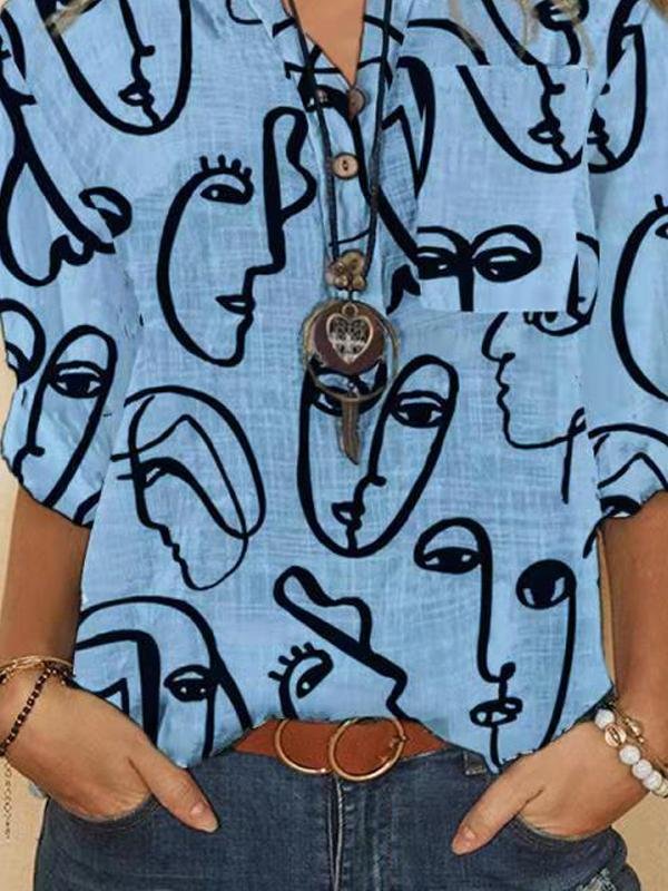 Fashion Graphic Printed Round Neck 3/4 Sleeve Blouses - LuckyFash™