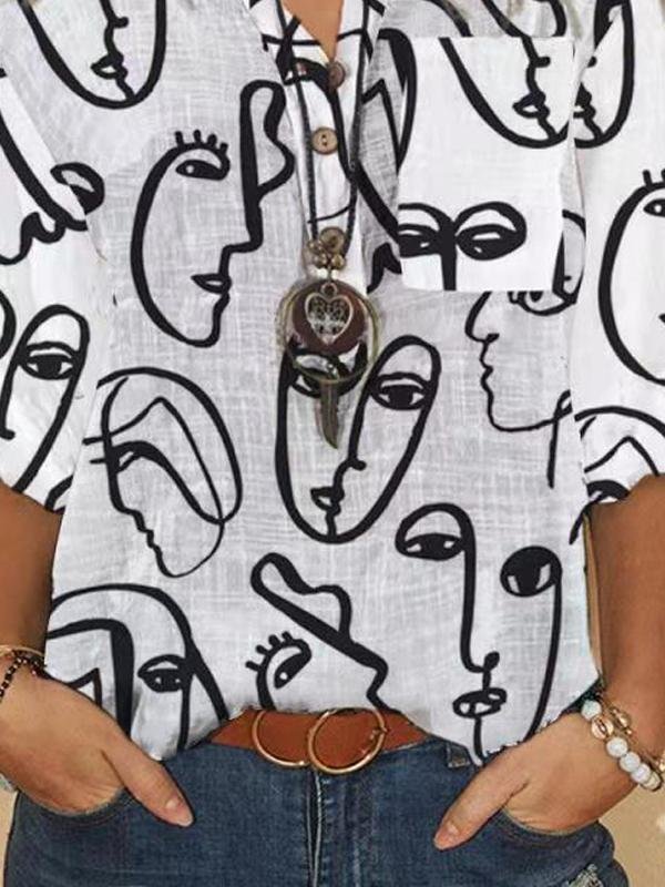 Fashion Graphic Printed Round Neck 3/4 Sleeve Blouses - LuckyFash™