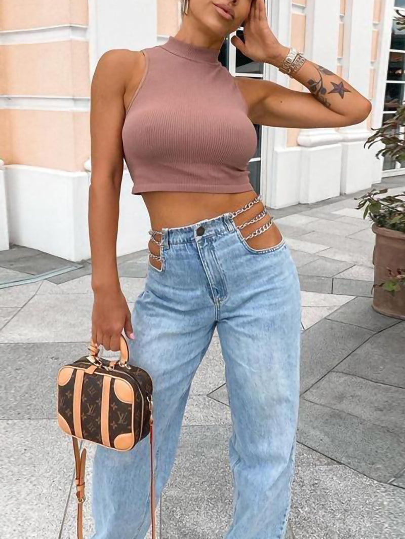 Fashion High Waist Chain Straight Leg Pants - LuckyFash™