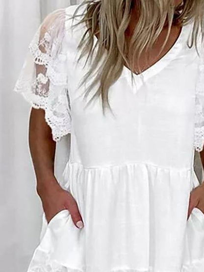 Fashion Lace Short Sleeve Pocket Dress - LuckyFash™