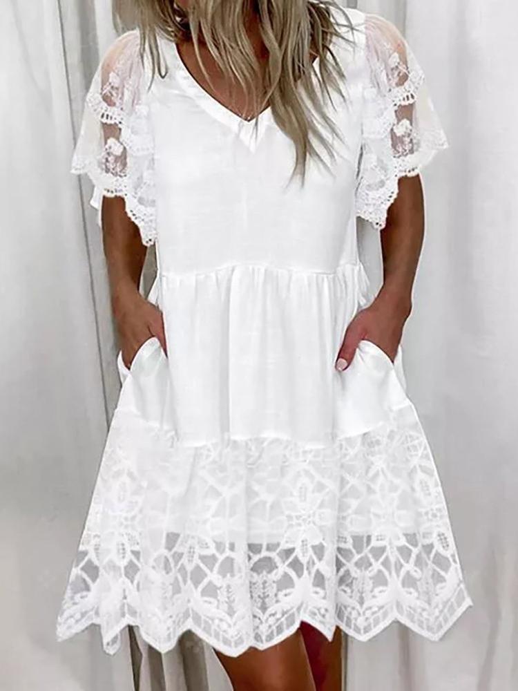 Fashion Lace Short Sleeve Pocket Dress - LuckyFash™