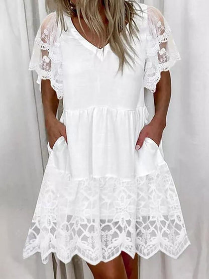 Fashion Lace Short Sleeve Pocket Dress - LuckyFash™