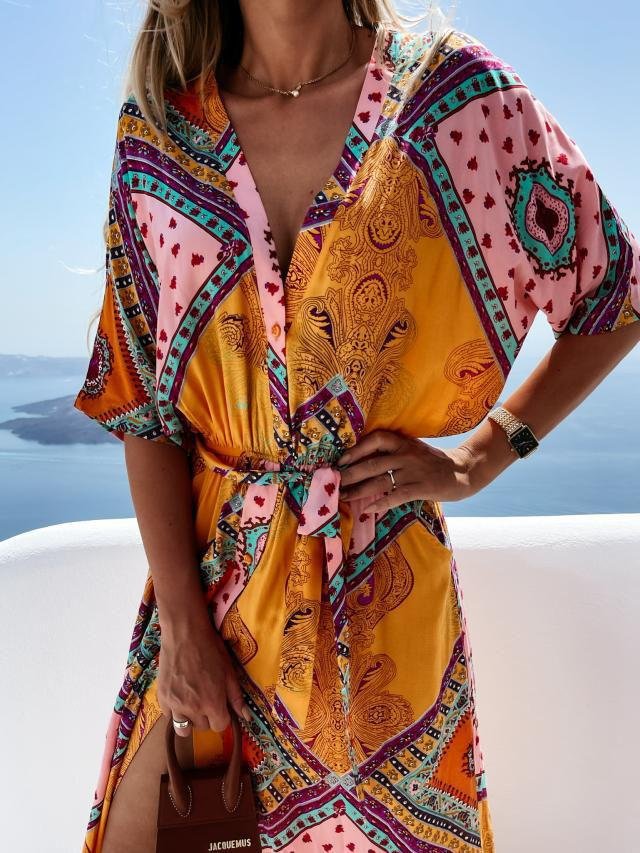 Fashion Lace-up Waist Mid-sleeve Long Dress - LuckyFash™