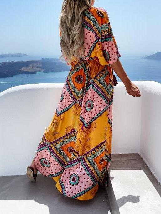 Fashion Lace-up Waist Mid-sleeve Long Dress - LuckyFash™