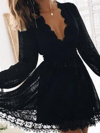 Fashion Lace V-neck Long-sleeved Short Dress - LuckyFash™