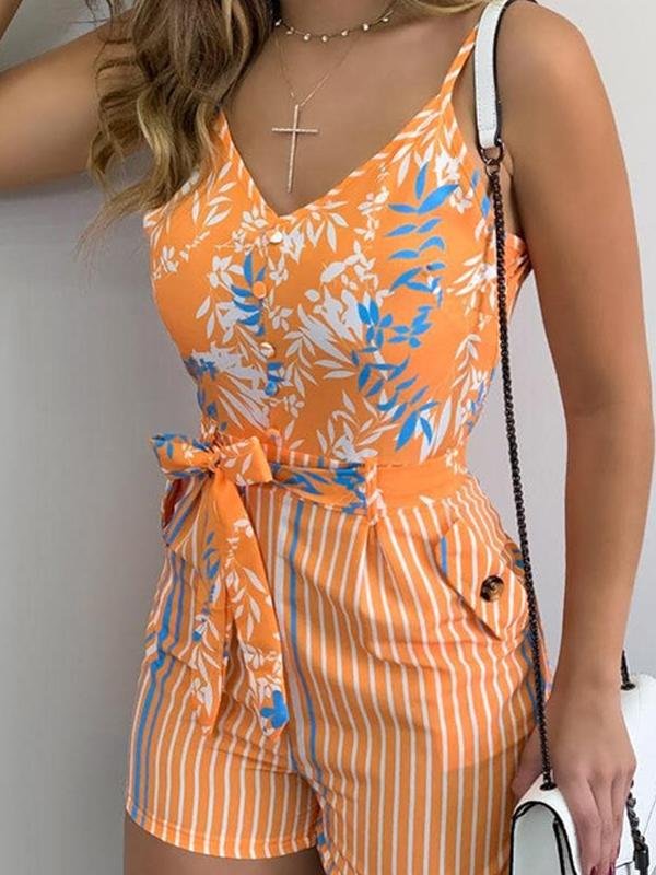 Fashion Leaf Print V-neck Suspender Belt Jumpsuit - LuckyFash™