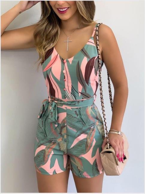 Fashion Leaf Print V-neck Suspender Belt Jumpsuit - LuckyFash™