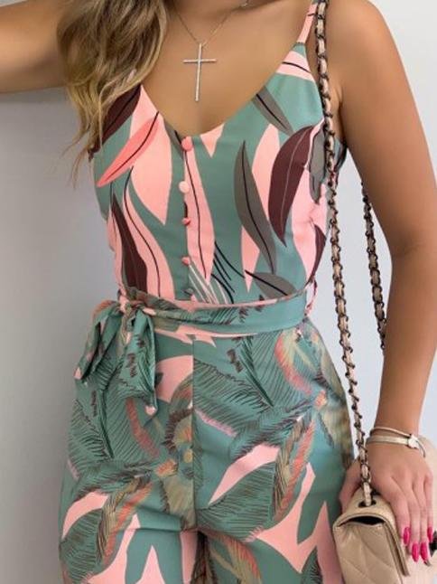Fashion Leaf Print V-neck Suspender Belt Jumpsuit - LuckyFash™