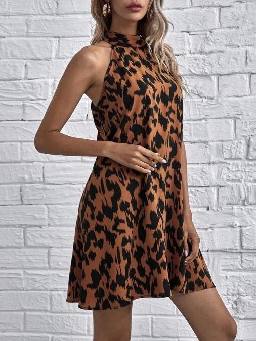Fashion Leopard Print Sleeveless Halterneck Dress - LuckyFash™