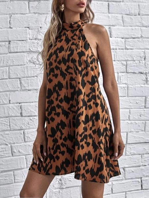 Fashion Leopard Print Sleeveless Halterneck Dress - LuckyFash™
