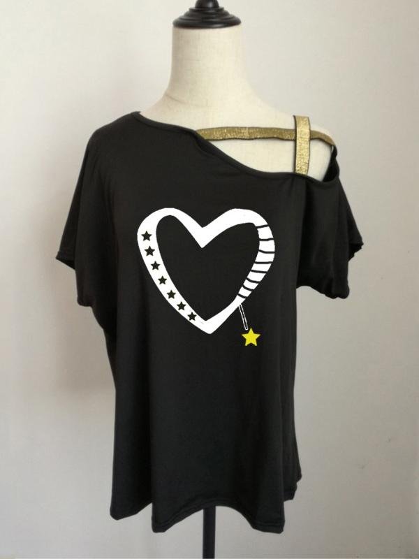 Fashion Love Printed Slanted Shoulder Stitching Short-sleeved T-shirt - LuckyFash™