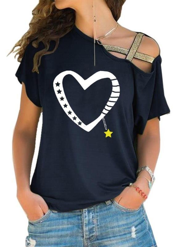 Fashion Love Printed Slanted Shoulder Stitching Short-sleeved T-shirt - LuckyFash™