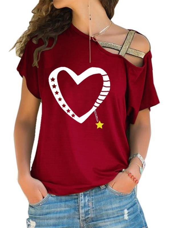 Fashion Love Printed Slanted Shoulder Stitching Short-sleeved T-shirt - LuckyFash™
