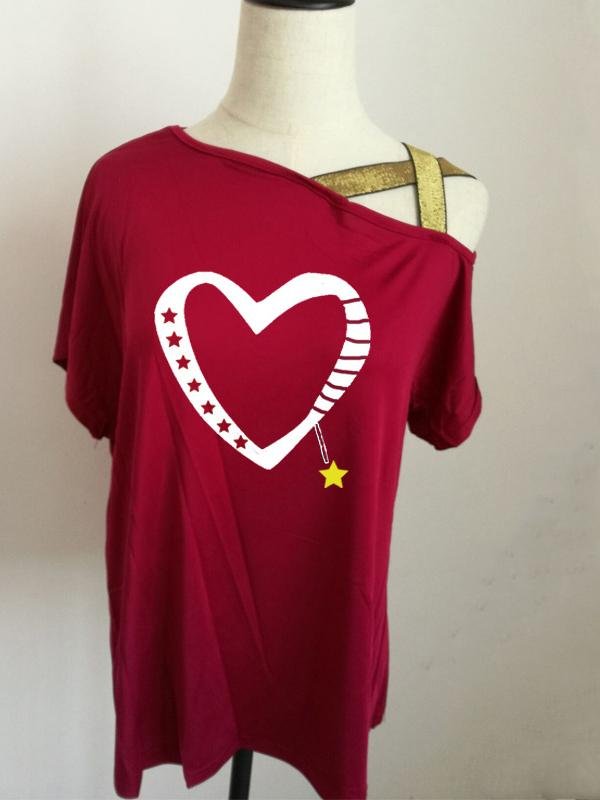 Fashion Love Printed Slanted Shoulder Stitching Short-sleeved T-shirt - LuckyFash™