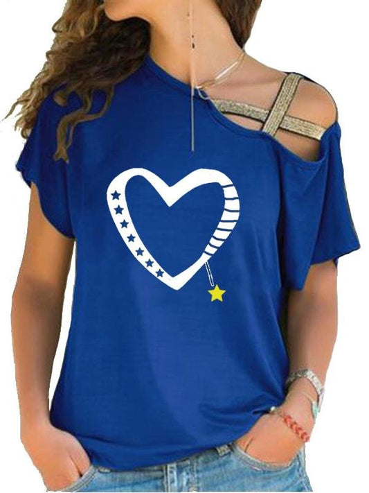 Fashion Love Printed Slanted Shoulder Stitching Short-sleeved T-shirt - LuckyFash™
