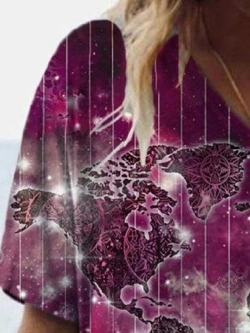 Fashion Map Printed V-neck Short-sleeved T-shirt - LuckyFash™