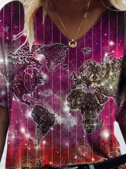 Fashion Map Printed V-neck Short-sleeved T-shirt - LuckyFash™