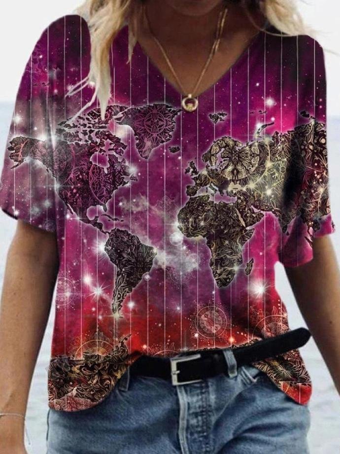 Fashion Map Printed V-neck Short-sleeved T-shirt - LuckyFash™