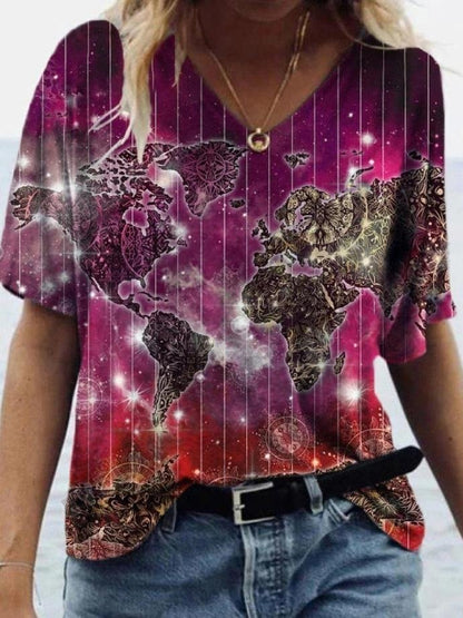 Fashion Map Printed V-neck Short-sleeved T-shirt - LuckyFash™
