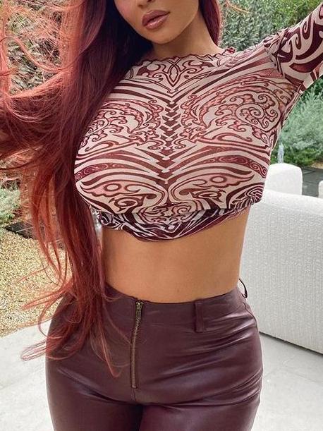 Fashion Net Yarn Printed Long Sleeve Crop T-shirt - LuckyFash™