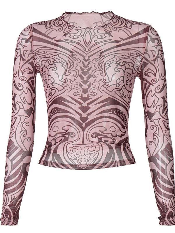 Fashion Net Yarn Printed Long Sleeve Crop T-shirt - LuckyFash™