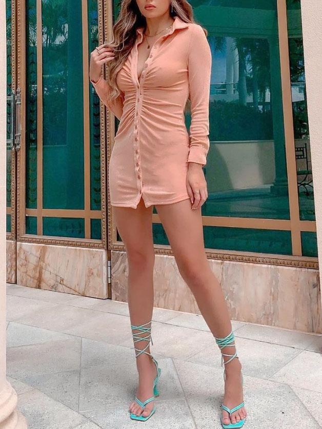 Fashion Pleated V-neck Long-sleeved Bodycon Dress - LuckyFash™