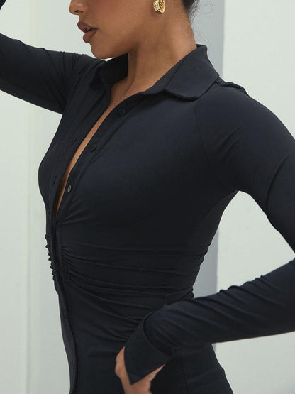 Fashion Pleated V-neck Long-sleeved Bodycon Dress - LuckyFash™