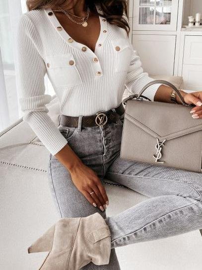 Fashion Pocket V-neck Long-sleeved Top - LuckyFash™