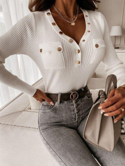 Fashion Pocket V-neck Long-sleeved Top - LuckyFash™
