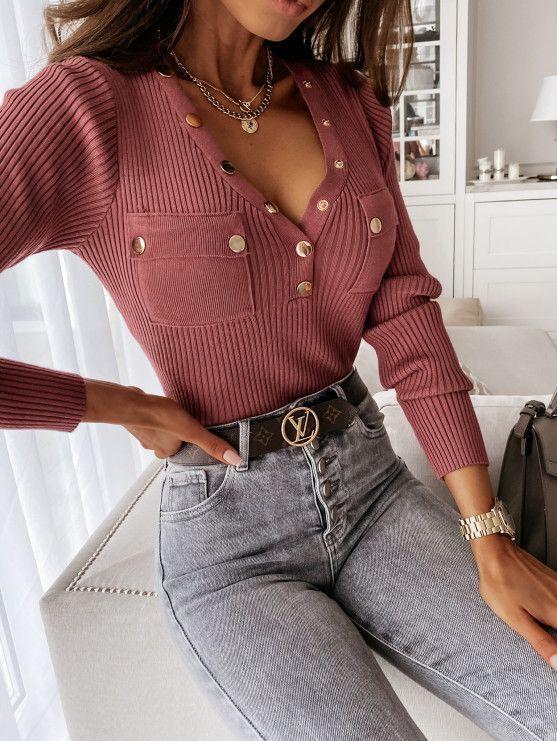 Fashion Pocket V-neck Long-sleeved Top - LuckyFash™