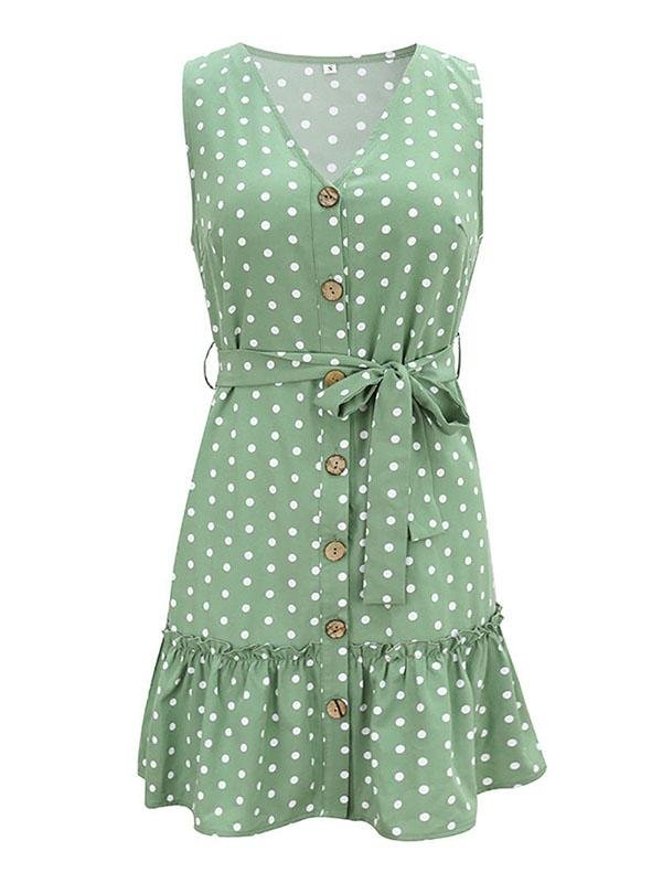 Fashion Polka Dots Print Ruffle Hem Mini Dresses With Belt - LuckyFash™