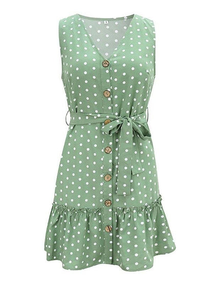 Fashion Polka Dots Print Ruffle Hem Mini Dresses With Belt - LuckyFash™