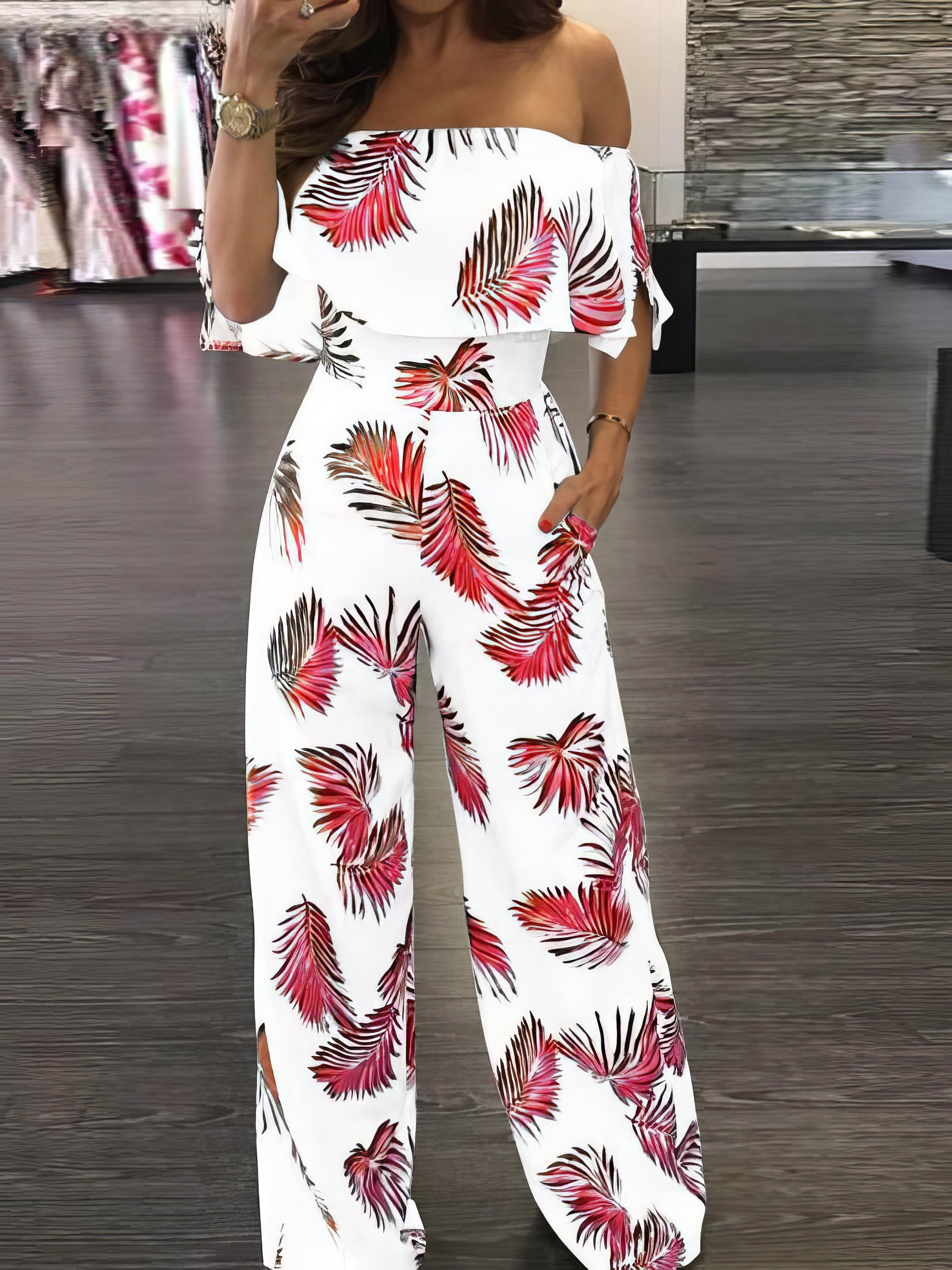 Fashion Print Frilled Off Shoulder Flared Jumpsuit - LuckyFash™