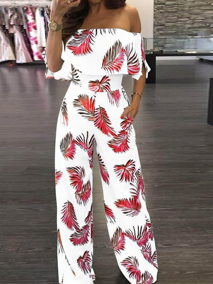 Fashion Print Frilled Off Shoulder Flared Jumpsuit - LuckyFash™