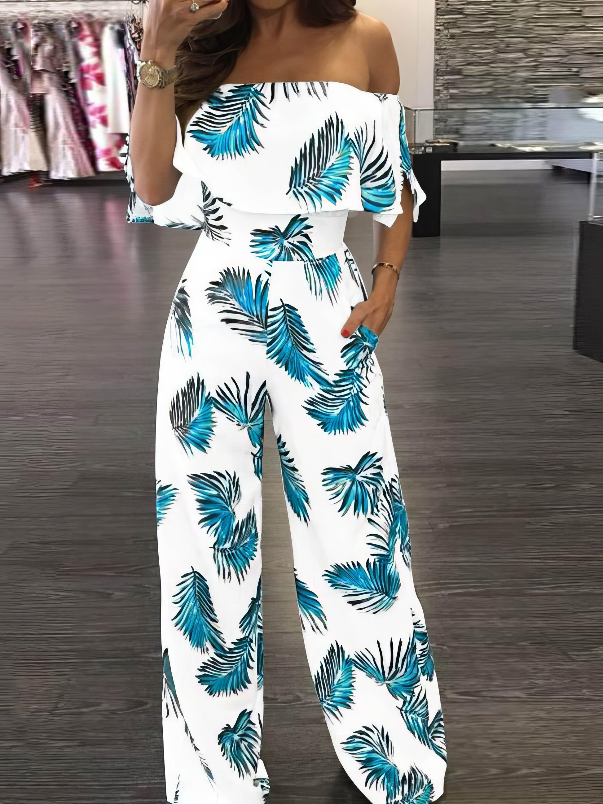 Fashion Print Frilled Off Shoulder Flared Jumpsuit - LuckyFash™
