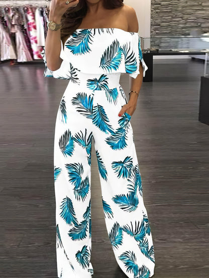 Fashion Print Frilled Off Shoulder Flared Jumpsuit - LuckyFash™
