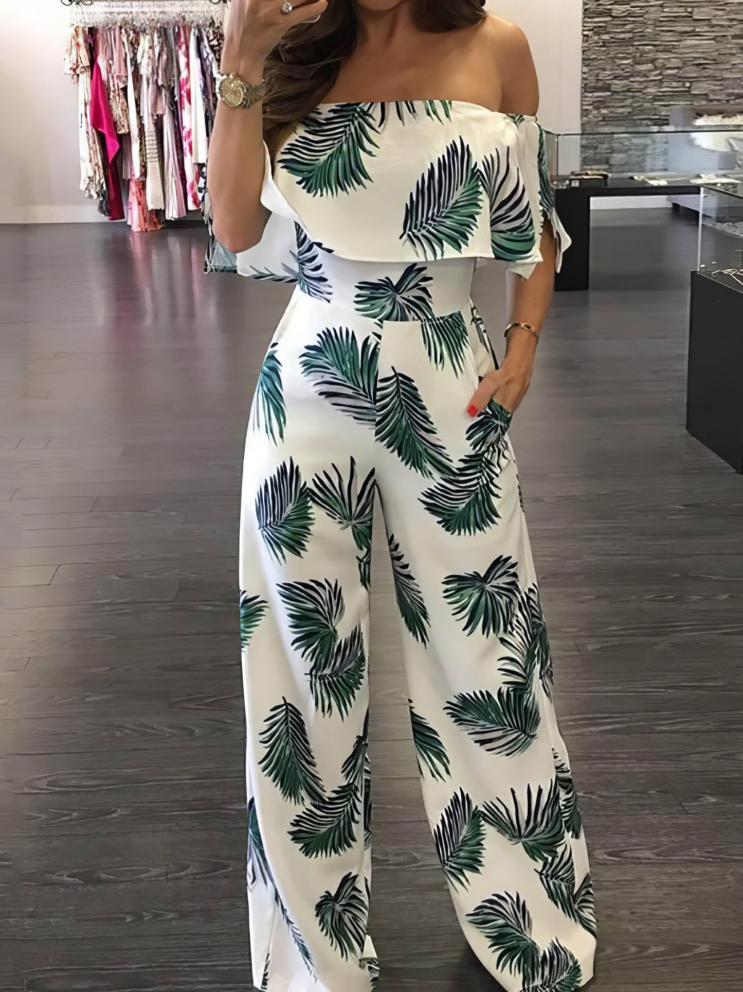 Fashion Print Frilled Off Shoulder Flared Jumpsuit - LuckyFash™