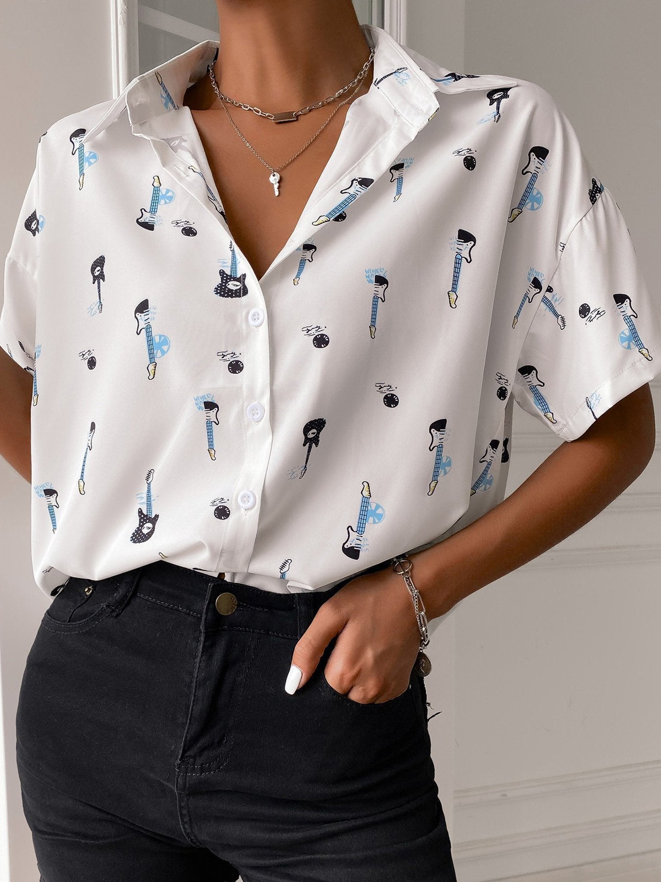 Fashion Print Lapel Short Sleeve Top - LuckyFash™