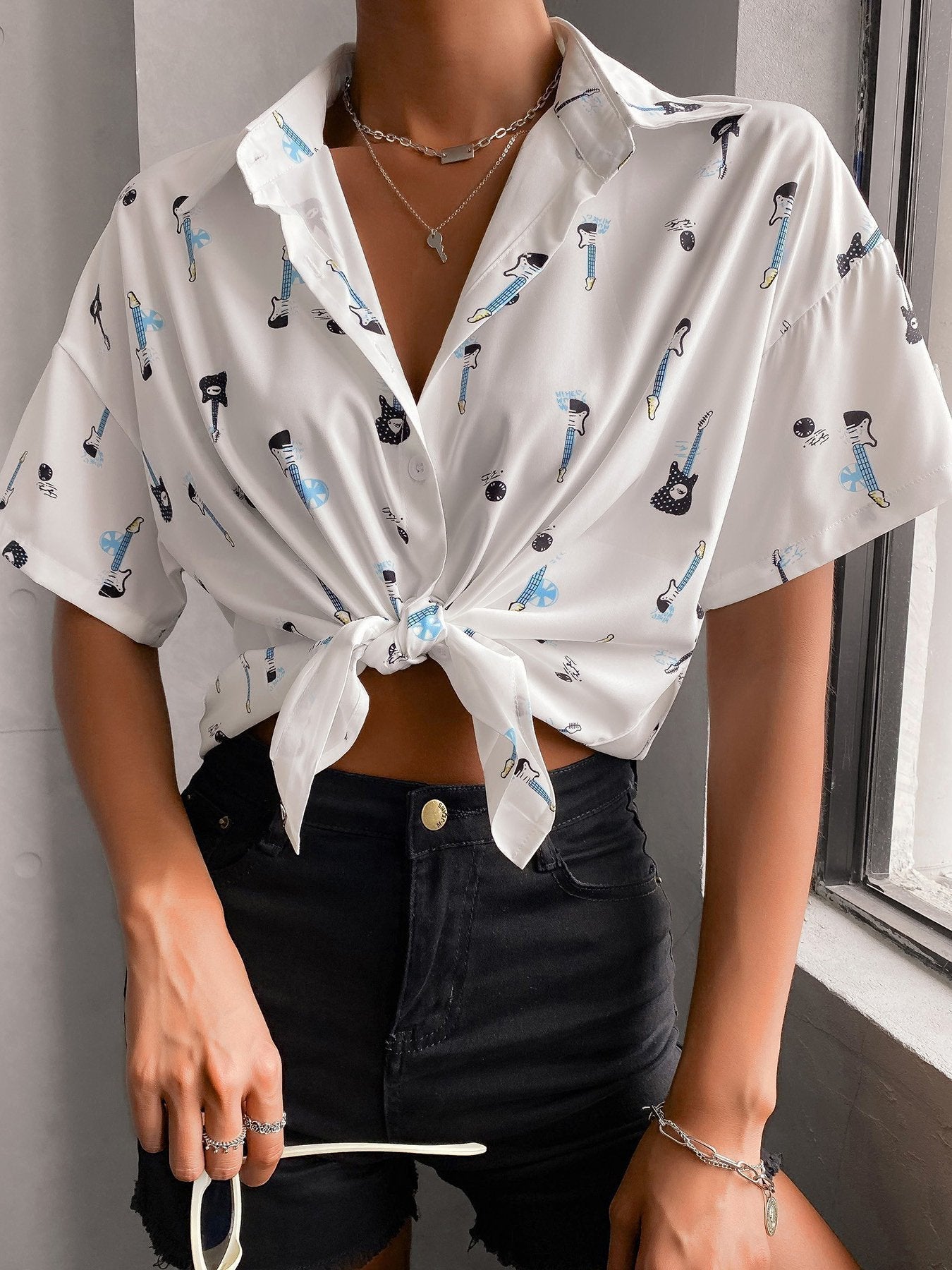 Fashion Print Lapel Short Sleeve Top - LuckyFash™