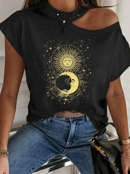 Fashion Print Off Shoulder T-shirt - LuckyFash™