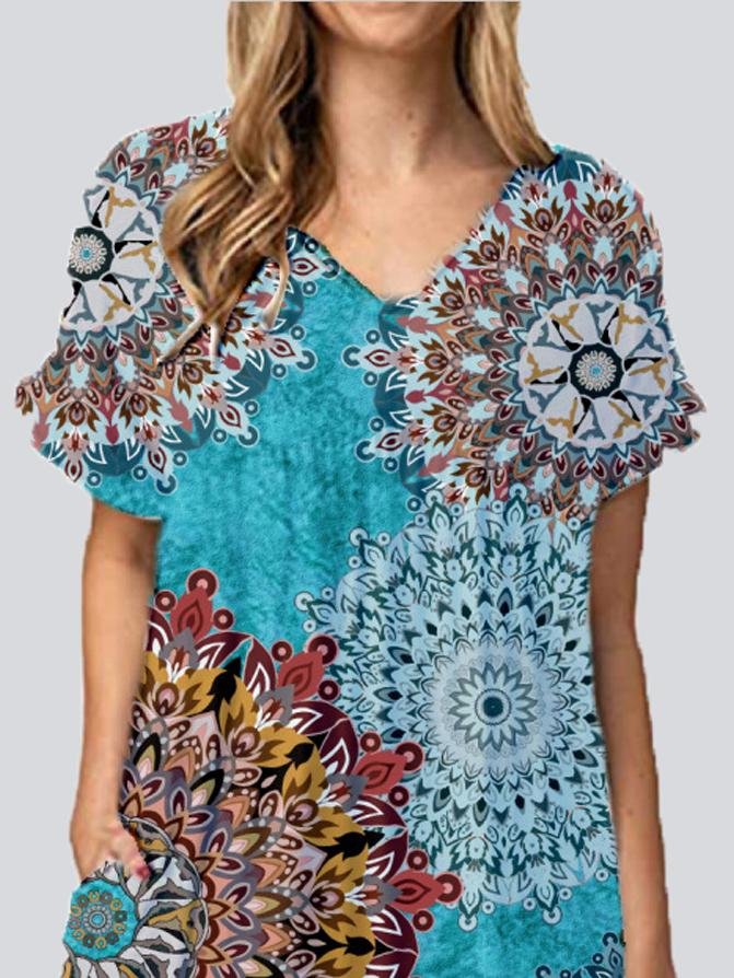 Fashion Print V Neck Short Sleeve Mini Dresses - LuckyFash™