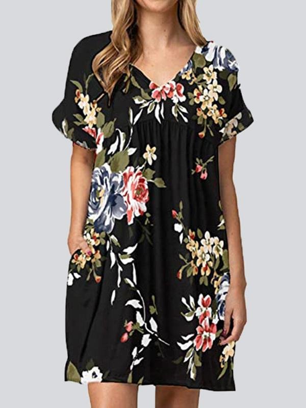 Fashion Print V Neck Short Sleeve Mini Dresses - LuckyFash™