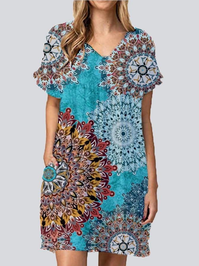 Fashion Print V Neck Short Sleeve Mini Dresses - LuckyFash™