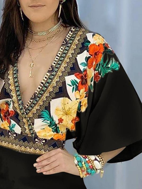 Fashion Printed Deep V Flared Sleeve Jumpsuit - LuckyFash™