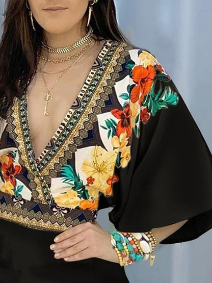 Fashion Printed Deep V Flared Sleeve Jumpsuit - LuckyFash™