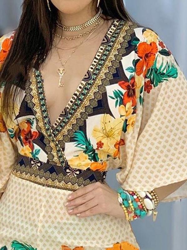 Fashion Printed Deep V Flared Sleeve Jumpsuit - LuckyFash™