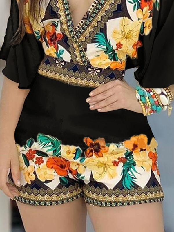 Fashion Printed Deep V Flared Sleeve Jumpsuit - LuckyFash™