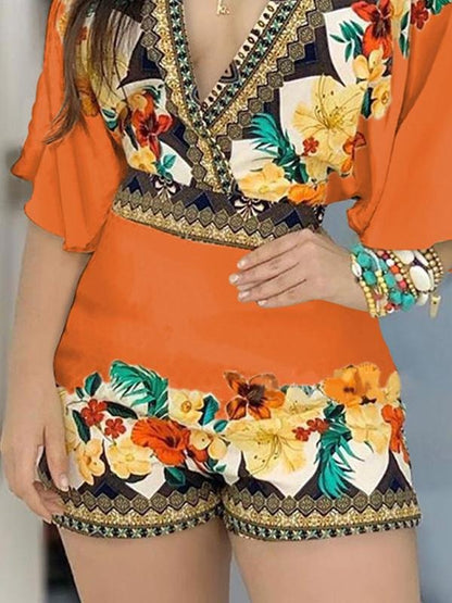 Fashion Printed Deep V Flared Sleeve Jumpsuit - LuckyFash™